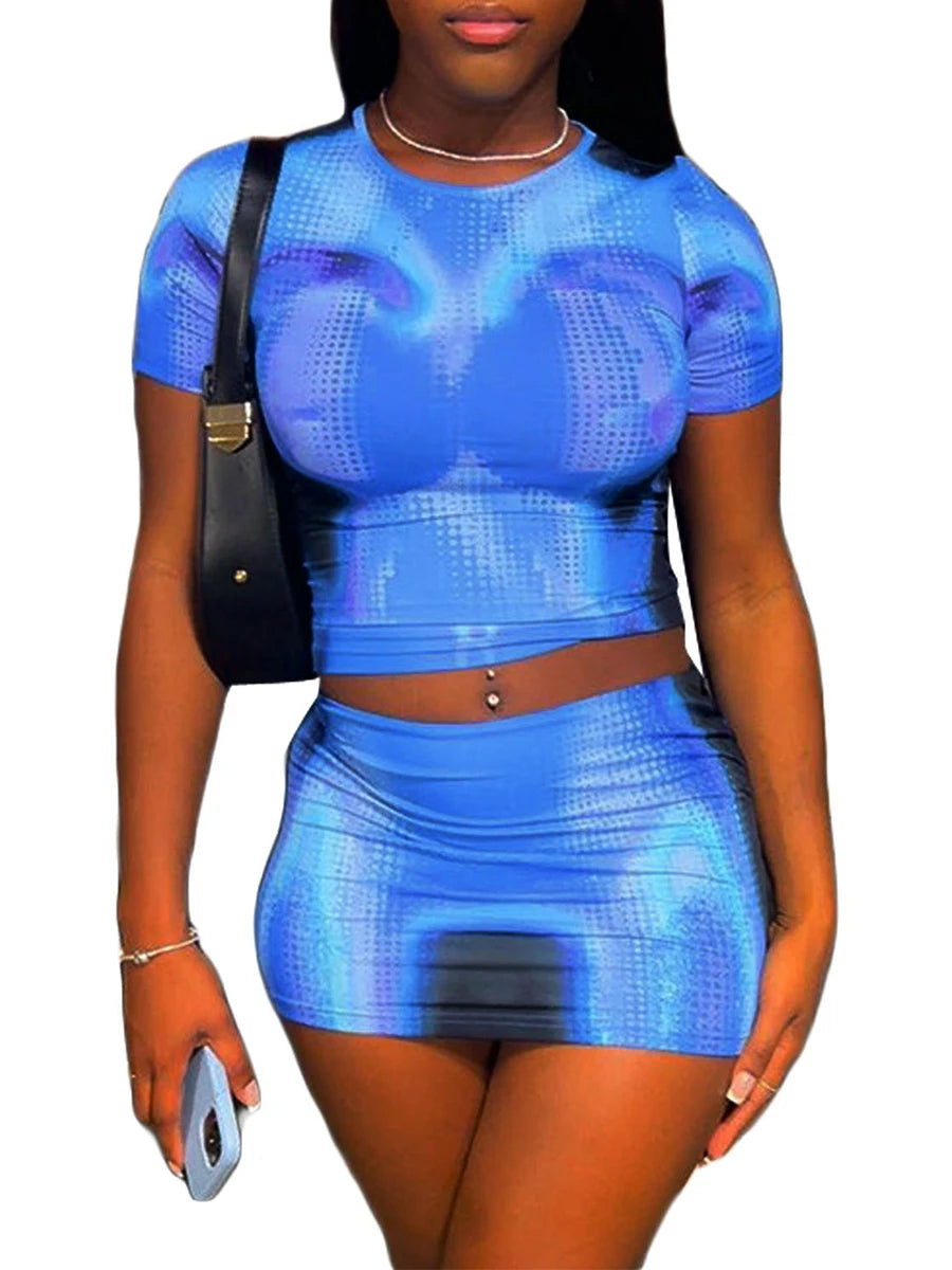 Women s Summer 2Pcs Outfits Tie Dye Print Short Sleeve T-Shirt Mini Bodycon Skirt Party Clothes