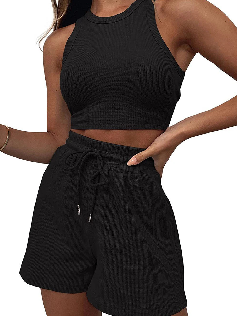 Women’s Two Piece Summer Outfits Sleeveless Waffle Tank Tops and Shorts Set Loungewear