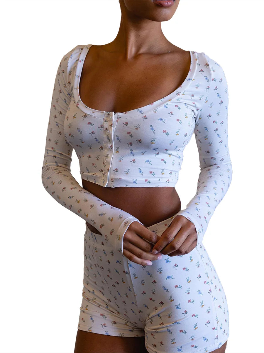 Women s Summer Clothes 2Pcs Outfits Flower Print Short Sleeve Button Tops High Waist Shorts Set Streetwear