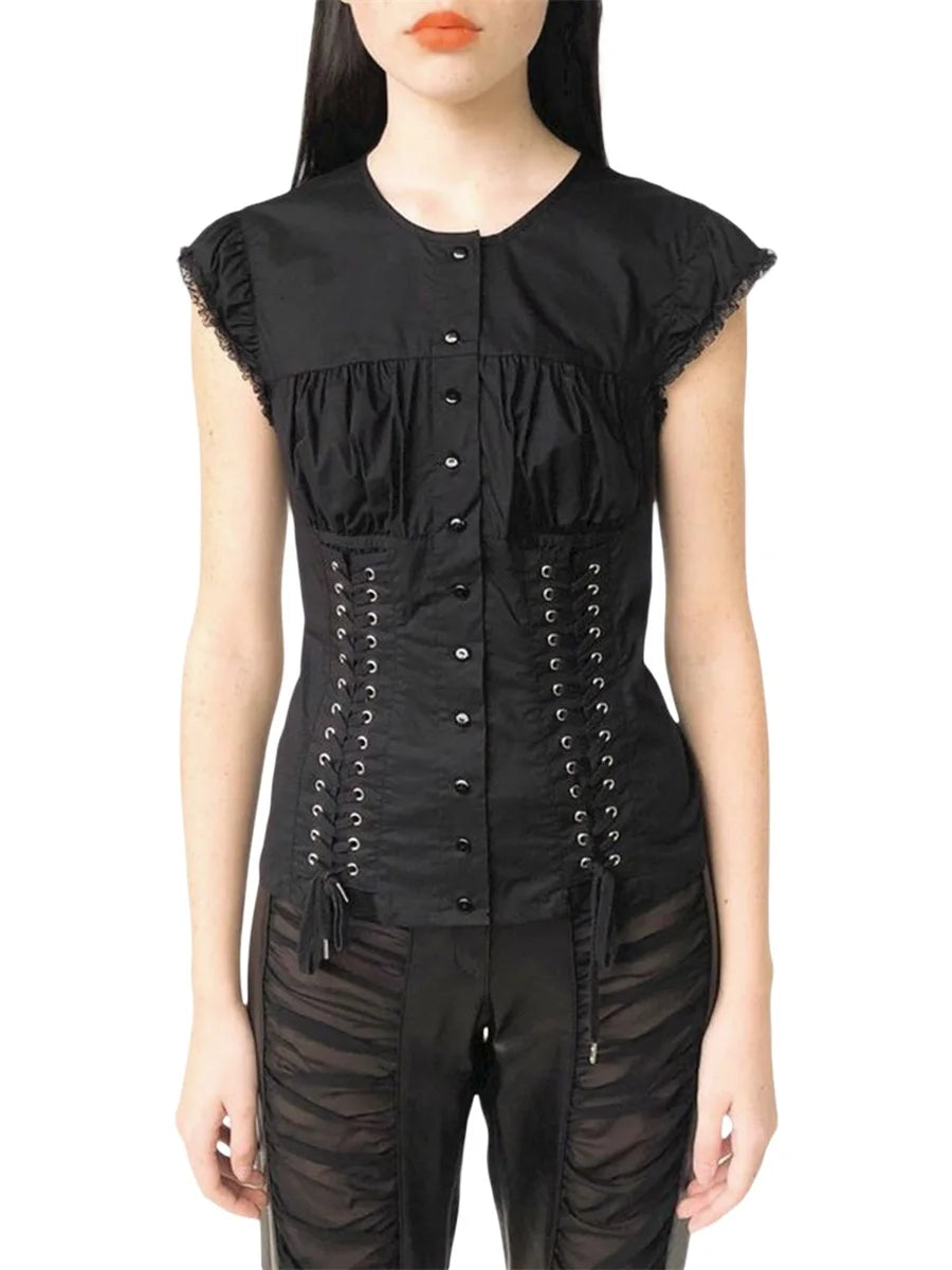 Women Lace Tops 1 4 Sleeve Round Neck Ruffle Buttons Party Casual Spring Summer Black Shirt